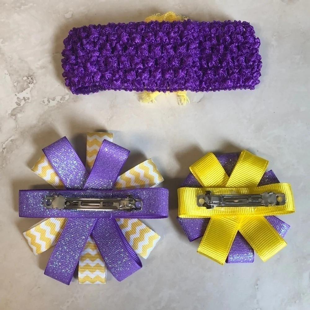 2/$15 Purple Yellow Hair Accessory Set Headband + Bow Clips LSU Colors Girls